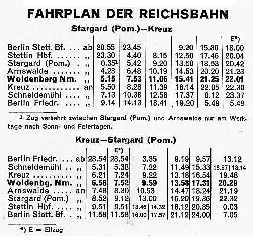 Woldenberg -- Fahrplan der Reichsbahn (1930er-Jahre)