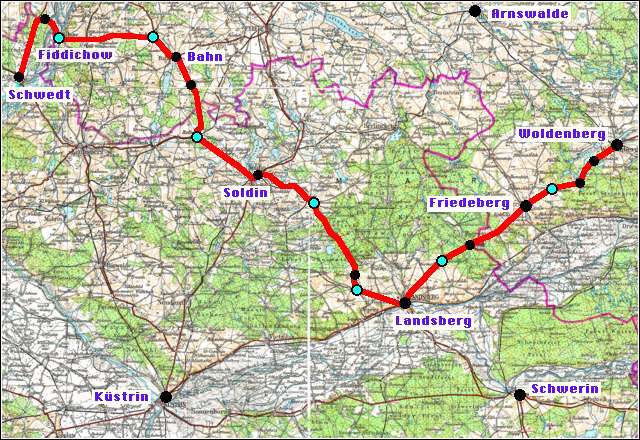 Weg des Woldenberger Handwagen-Trecks der Ausgewiesenen zur Oder im Juli 1945
