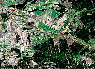Satelliten-Foto von Dobiegniew mit Ort von Bayers Hof